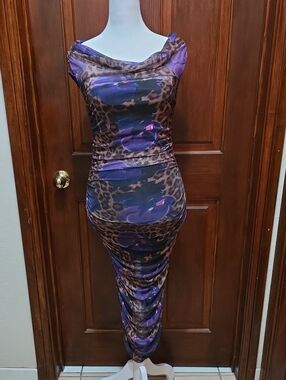"Nadine" Leopard Print Mesh Midi Dress With Cowl Neck